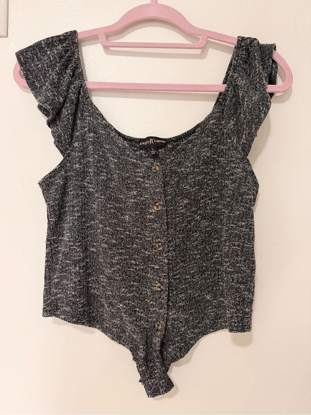 Almost Famous Black and Gray Marled Button-Front Ruffle Sleeve Bodysuit
